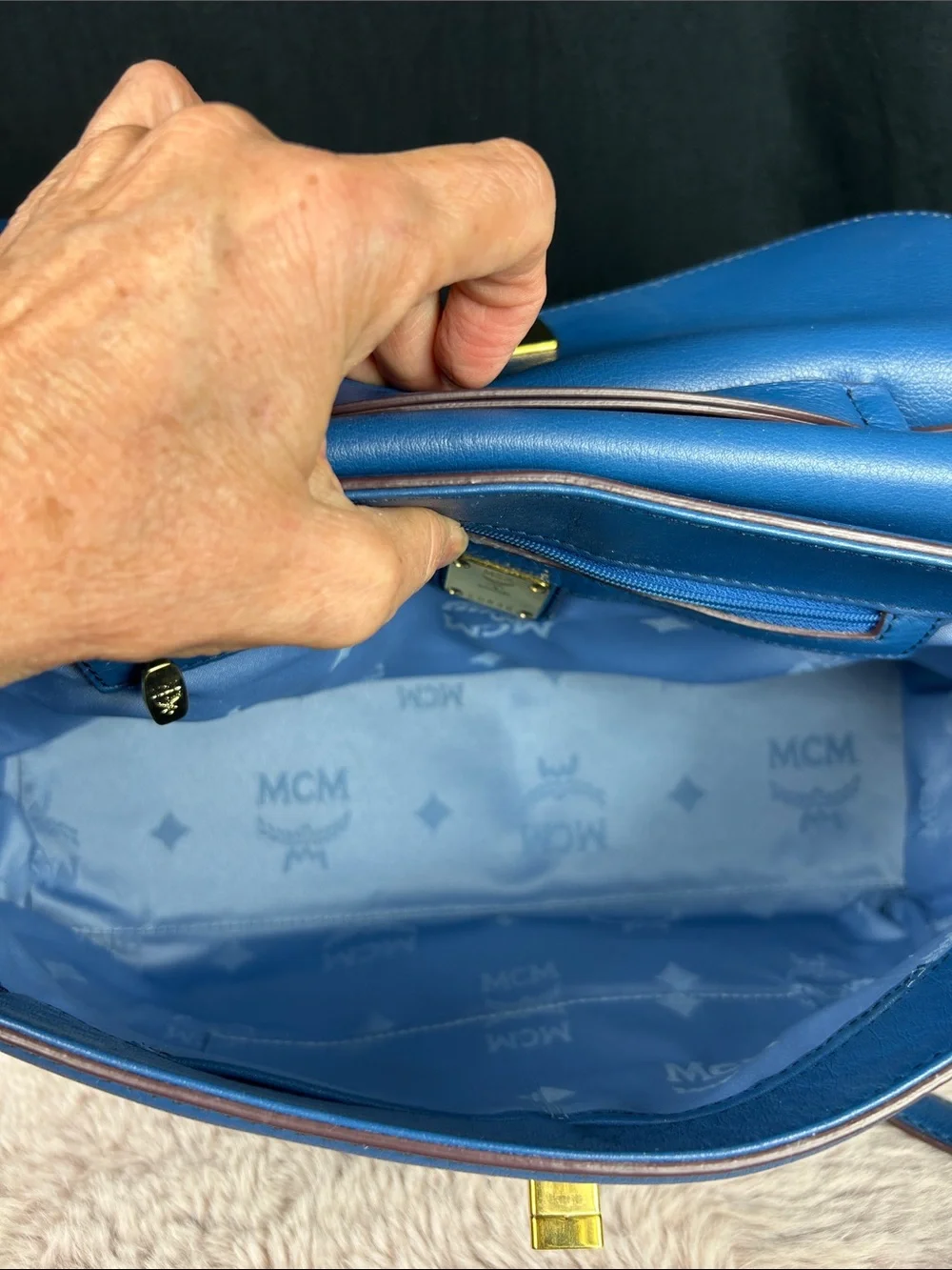 MCM München Vintage Cobalt Blue Leather 2-Way Satchel Crossbody